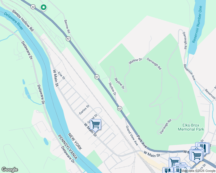 map of restaurants, bars, coffee shops, grocery stores, and more near 4 Berme Road in Port Jervis