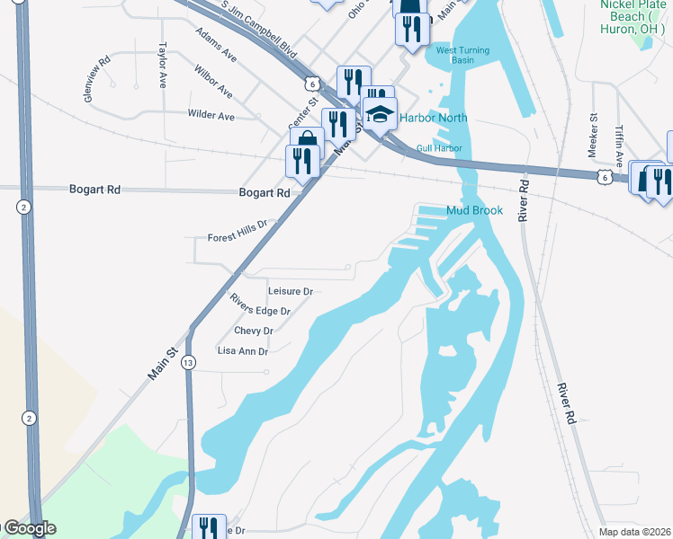 map of restaurants, bars, coffee shops, grocery stores, and more near 127 North Port Lane in Huron