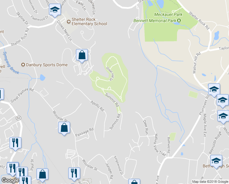 map of restaurants, bars, coffee shops, grocery stores, and more near Briar Ridge Drive in Bethel
