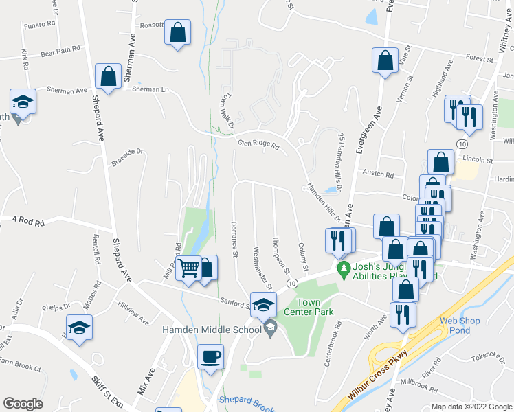 map of restaurants, bars, coffee shops, grocery stores, and more near 155 Westminster Street in Hamden