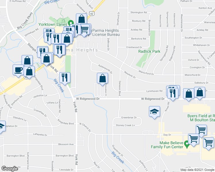 map of restaurants, bars, coffee shops, grocery stores, and more near 6524 Aylesworth Drive in Parma Heights