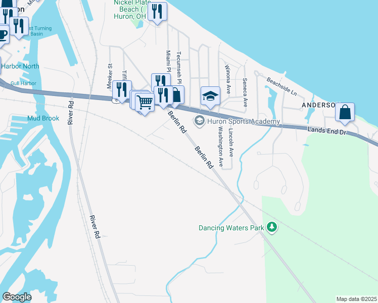 map of restaurants, bars, coffee shops, grocery stores, and more near 531 Berlin Road in Huron