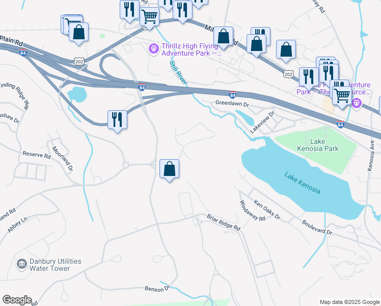 map of restaurants, bars, coffee shops, grocery stores, and more near 4 Larson Drive in Danbury