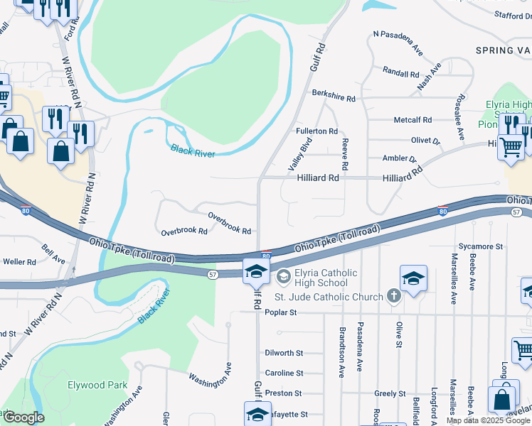 map of restaurants, bars, coffee shops, grocery stores, and more near 941 Gulf Road in Elyria