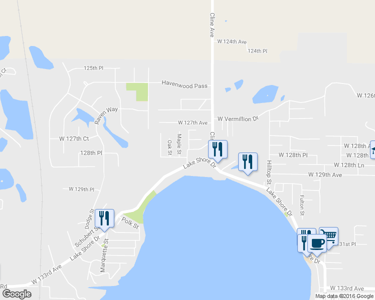 map of restaurants, bars, coffee shops, grocery stores, and more near 10131 W 128th Ave in Cedar Lake