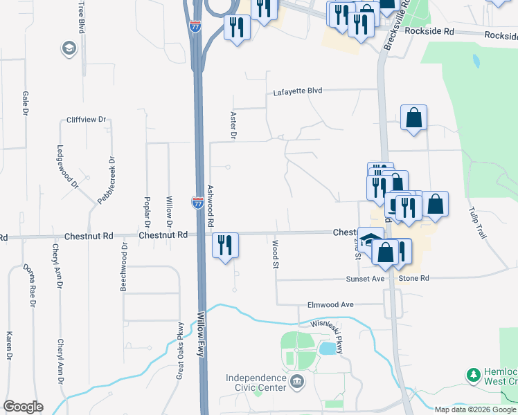 map of restaurants, bars, coffee shops, grocery stores, and more near 5745 Chestnut Road in Independence