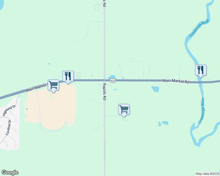 map of restaurants, bars, coffee shops, grocery stores, and more near 17767 Rapids Road in Hiram