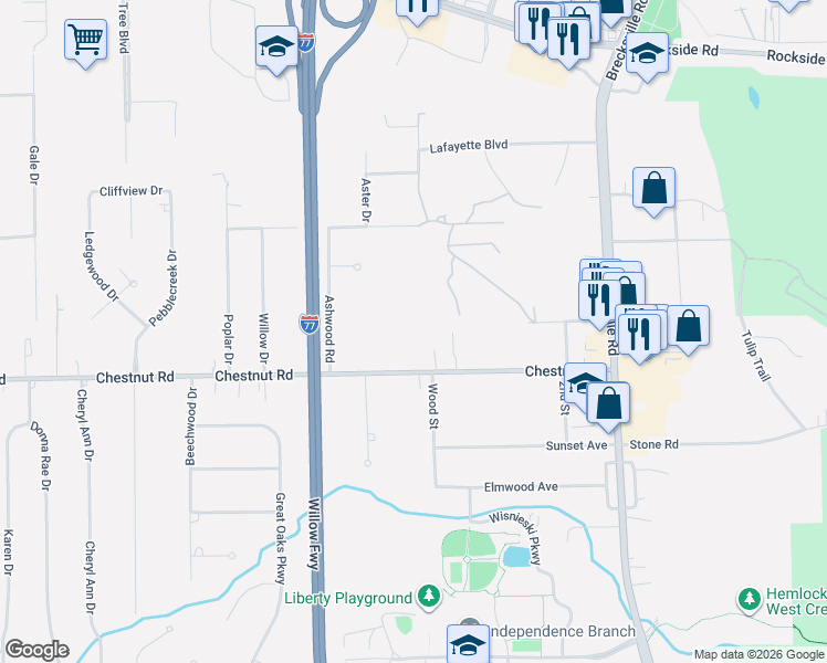 map of restaurants, bars, coffee shops, grocery stores, and more near 5745 Chestnut Road in Independence