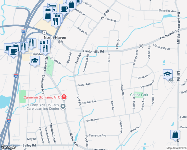map of restaurants, bars, coffee shops, grocery stores, and more near 67 Saint John Street in North Haven