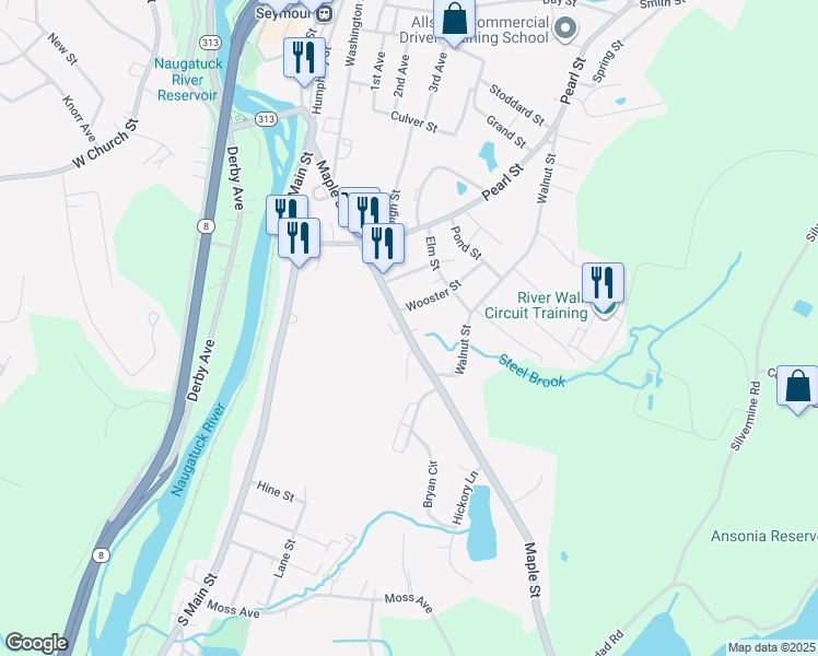 map of restaurants, bars, coffee shops, grocery stores, and more near 61 Maple Street in Seymour