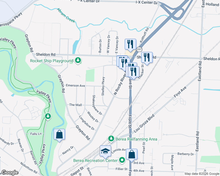 map of restaurants, bars, coffee shops, grocery stores, and more near 80 Emerson Avenue in Berea