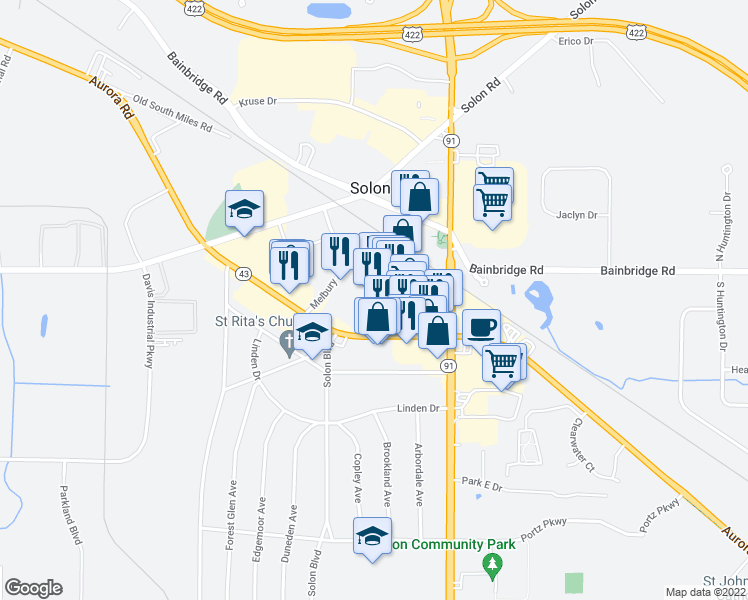 map of restaurants, bars, coffee shops, grocery stores, and more near 33311-33631 Aurora Road in Solon