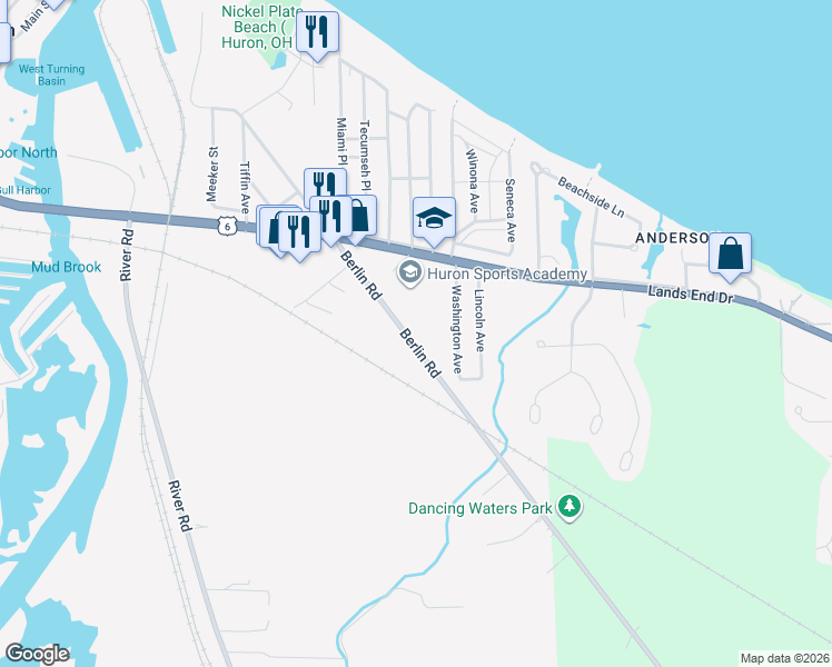 map of restaurants, bars, coffee shops, grocery stores, and more near 538 Berlin Road in Huron