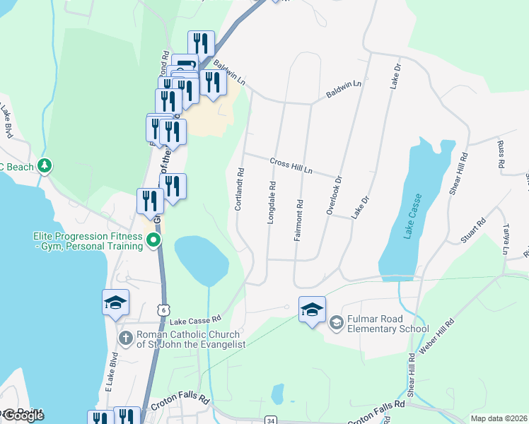 map of restaurants, bars, coffee shops, grocery stores, and more near 63 Longdale Road in Mahopac