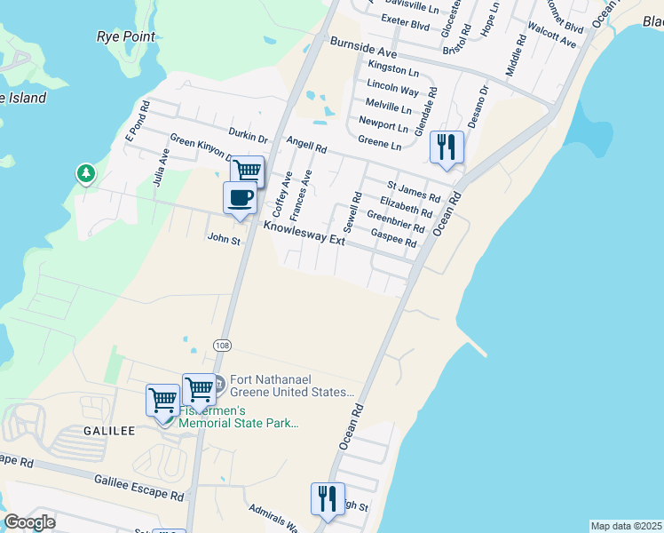 map of restaurants, bars, coffee shops, grocery stores, and more near 15 Deangelis Street in Narragansett