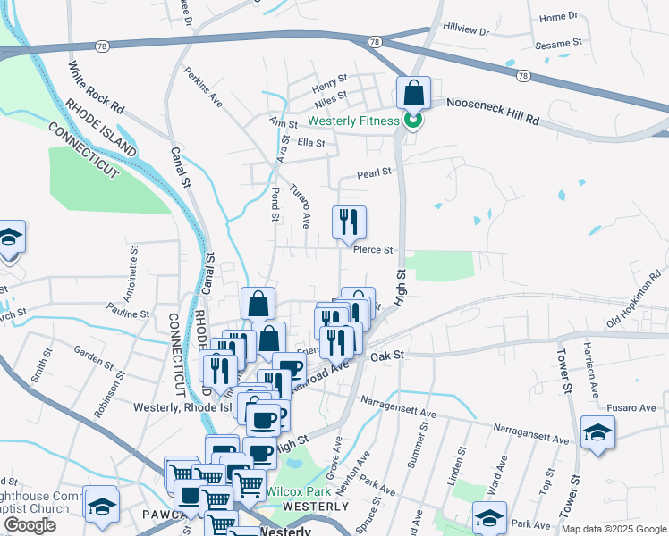 map of restaurants, bars, coffee shops, grocery stores, and more near 23 Dayton Street in Westerly