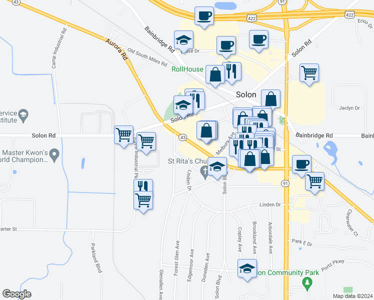 map of restaurants, bars, coffee shops, grocery stores, and more near 6353 Glenallen Avenue in Solon