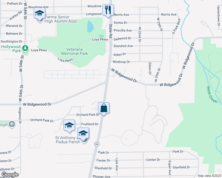 map of restaurants, bars, coffee shops, grocery stores, and more near 6521 State Road in Parma