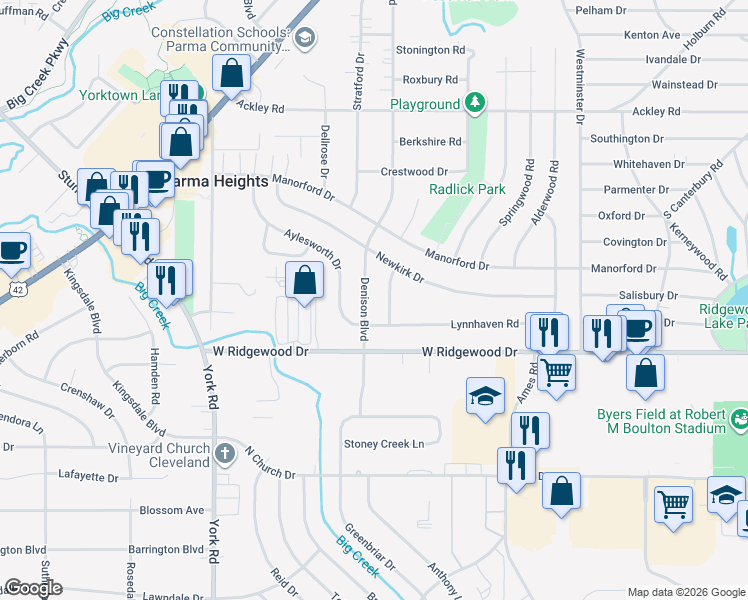 map of restaurants, bars, coffee shops, grocery stores, and more near 6519 Denison Boulevard in Parma Heights