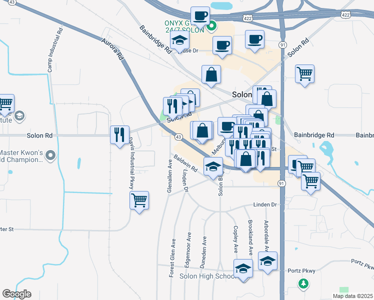 map of restaurants, bars, coffee shops, grocery stores, and more near 32850 Aurora Road in Solon