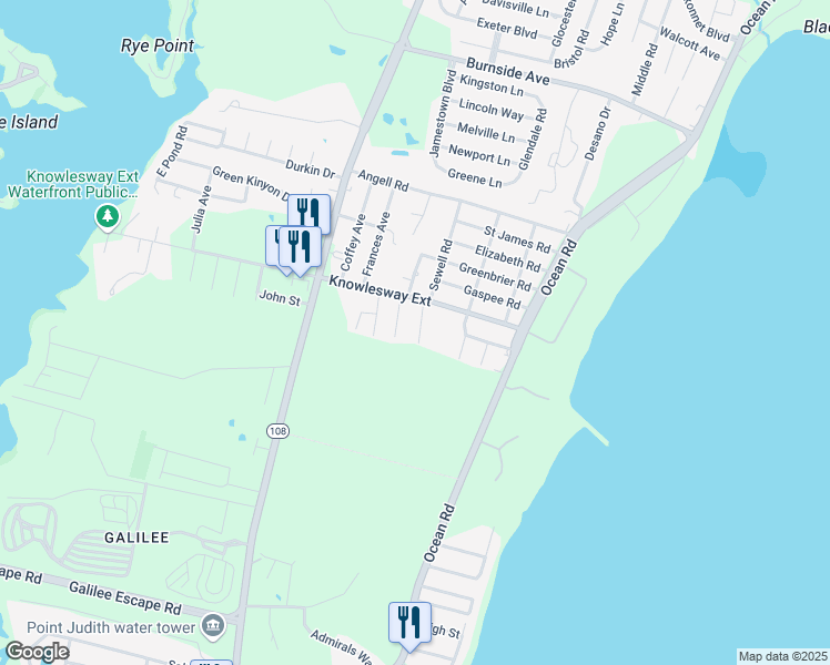 map of restaurants, bars, coffee shops, grocery stores, and more near 15 Deangelis Drive in Narragansett
