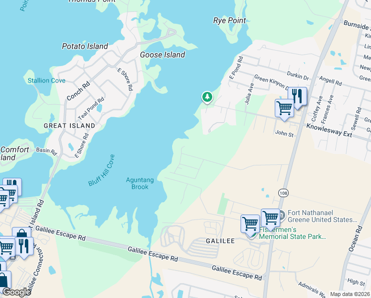map of restaurants, bars, coffee shops, grocery stores, and more near 24 Sunset Shore Drive in Narragansett