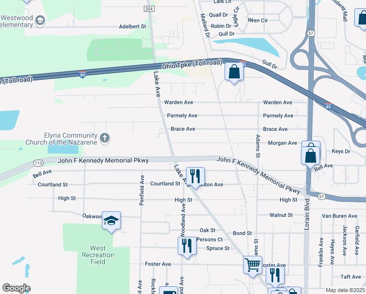 map of restaurants, bars, coffee shops, grocery stores, and more near 121 Morgan Avenue in Elyria