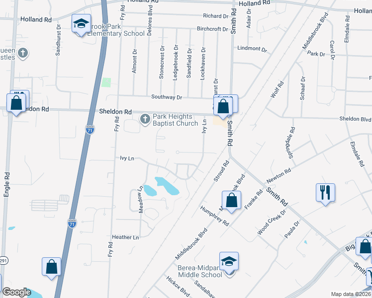 map of restaurants, bars, coffee shops, grocery stores, and more near 15588 Roxboro Drive in Middleburg Heights