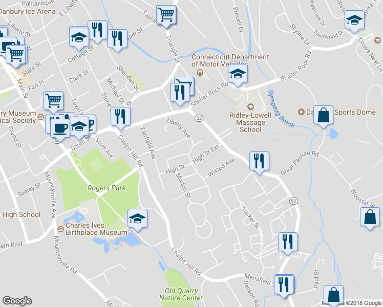 map of restaurants, bars, coffee shops, grocery stores, and more near 27 Liberty Avenue in Danbury
