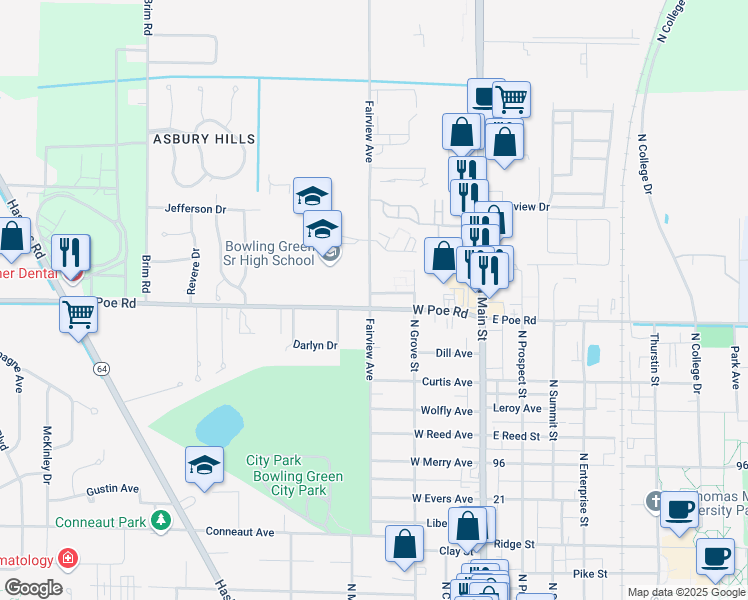 map of restaurants, bars, coffee shops, grocery stores, and more near 336 West Poe Road in Bowling Green