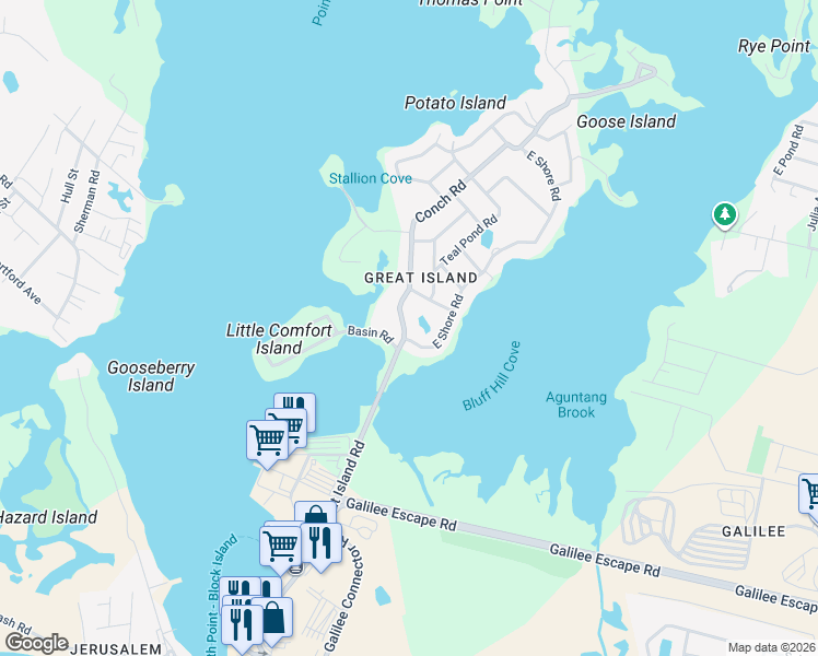map of restaurants, bars, coffee shops, grocery stores, and more near 16 Conch Road in Narragansett