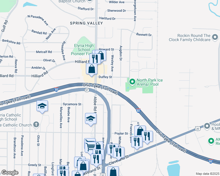 map of restaurants, bars, coffee shops, grocery stores, and more near 452 Wesley Avenue in Elyria