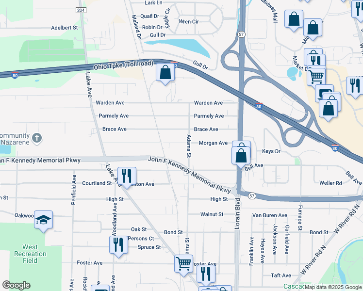 map of restaurants, bars, coffee shops, grocery stores, and more near 237 Morgan Avenue in Elyria