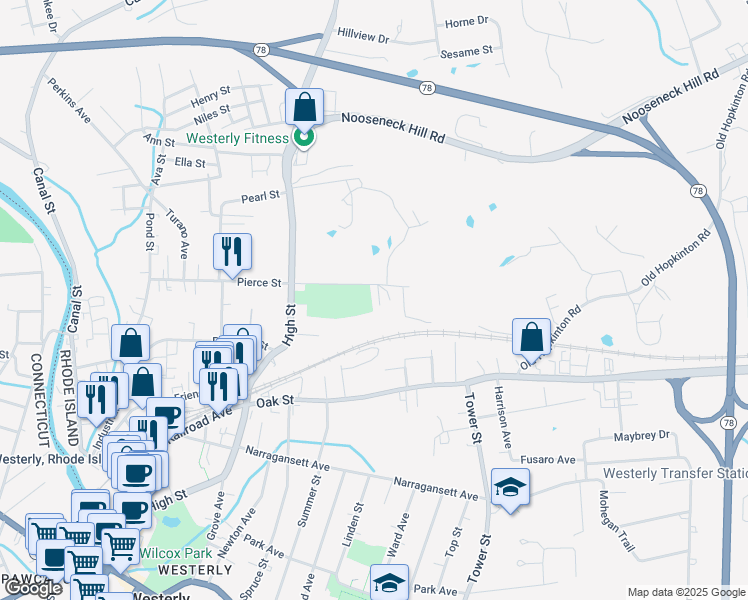 map of restaurants, bars, coffee shops, grocery stores, and more near 4 Hunter Terrace in Westerly