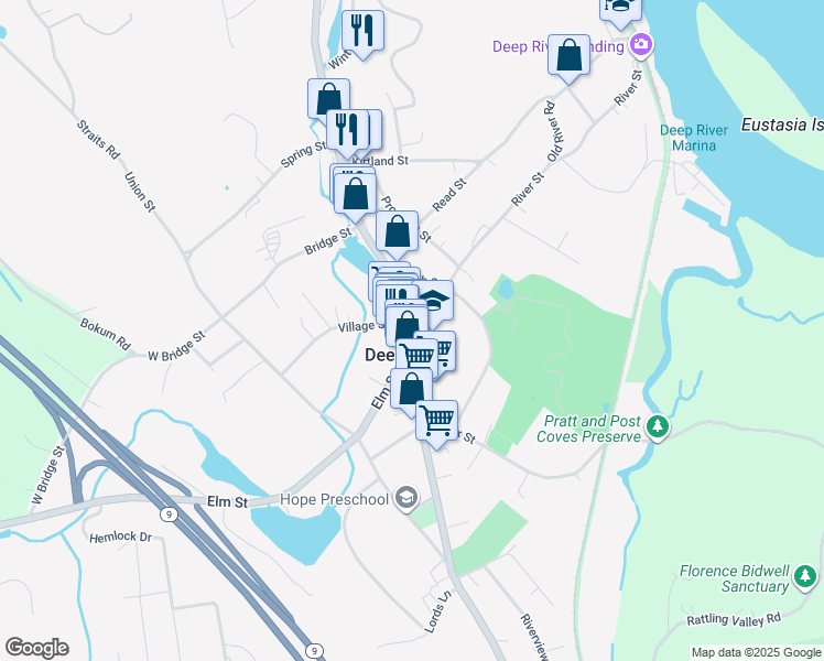 map of restaurants, bars, coffee shops, grocery stores, and more near 17 River Street in Deep River