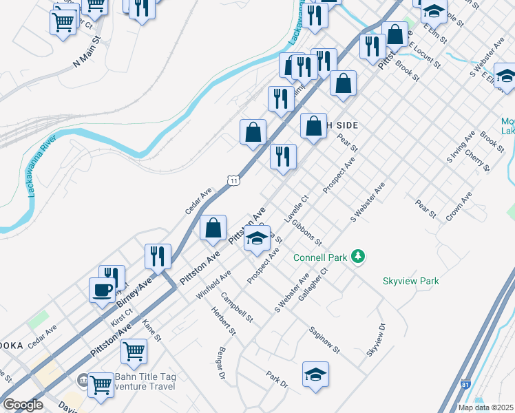 map of restaurants, bars, coffee shops, grocery stores, and more near 2102 Pittston Avenue in Scranton