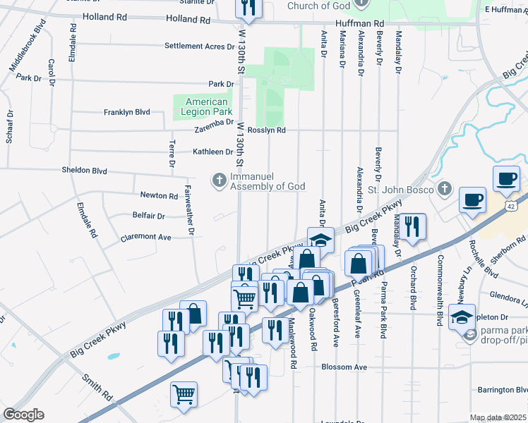 map of restaurants, bars, coffee shops, grocery stores, and more near 6530 Lawnwood Avenue in Parma Heights
