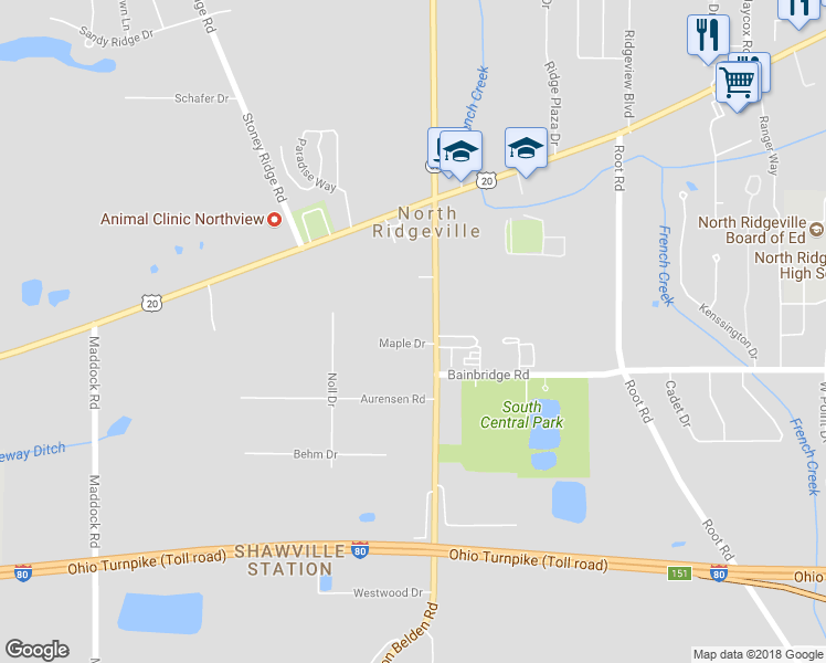 map of restaurants, bars, coffee shops, grocery stores, and more near 36070 Maple Drive in North Ridgeville