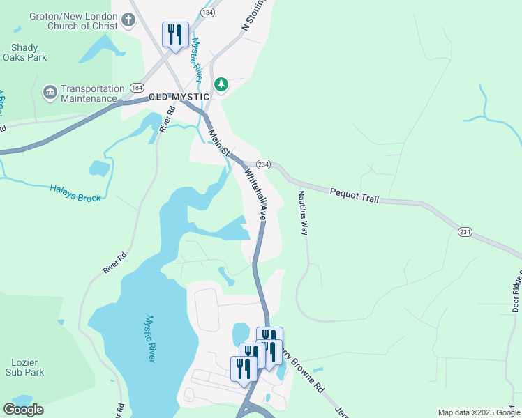 map of restaurants, bars, coffee shops, grocery stores, and more near 179 Whitehall Avenue in Stonington