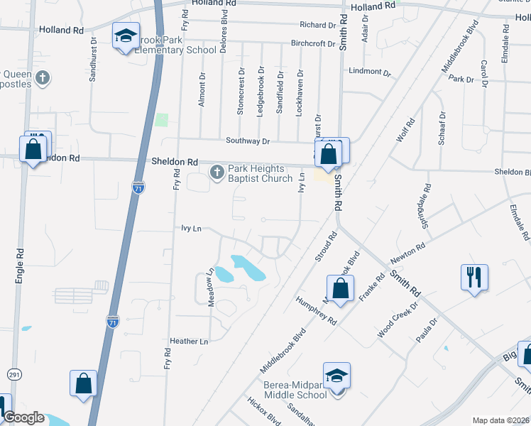 map of restaurants, bars, coffee shops, grocery stores, and more near 15588 Roxboro Drive in Middleburg Heights