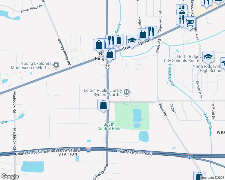 map of restaurants, bars, coffee shops, grocery stores, and more near 7275 Avon Belden Road in North Ridgeville