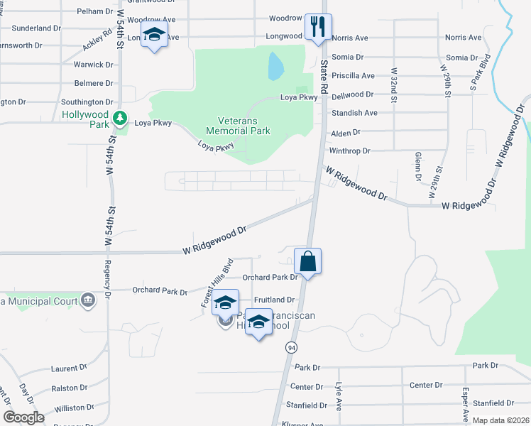 map of restaurants, bars, coffee shops, grocery stores, and more near 4212 West Ridgewood Drive in Parma