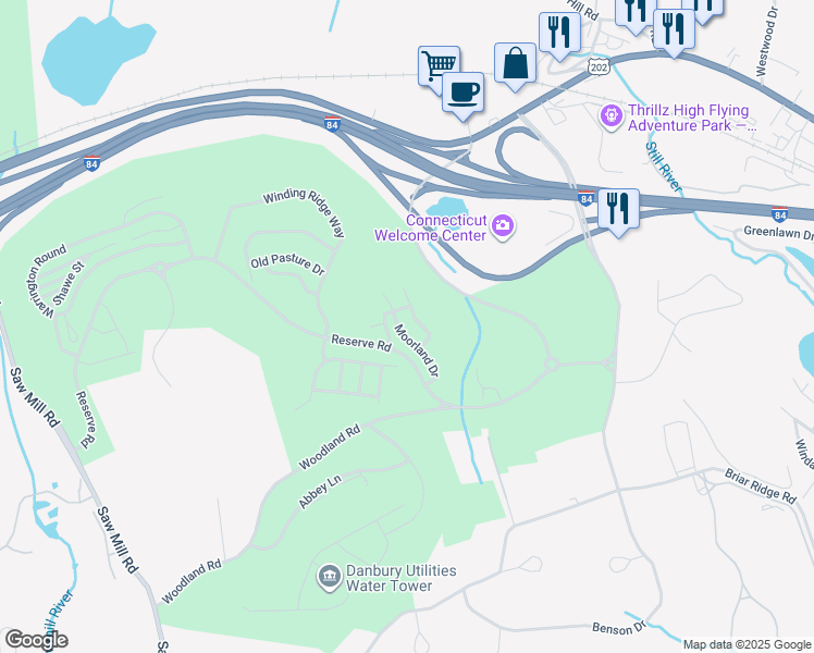 map of restaurants, bars, coffee shops, grocery stores, and more near 27 Moorland Drive in Danbury