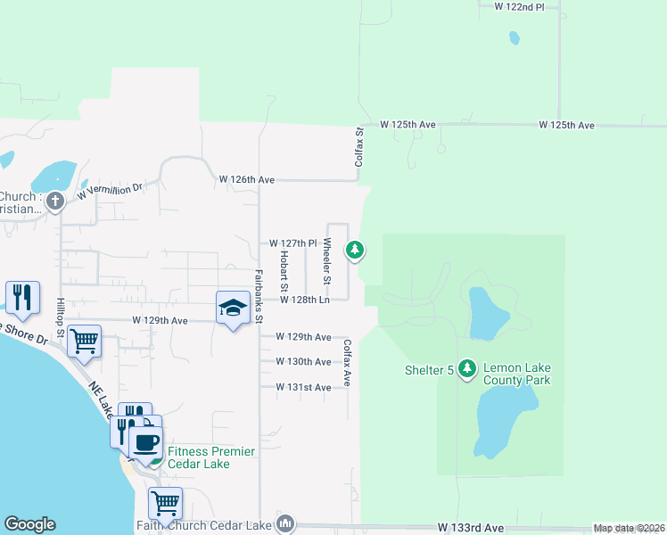map of restaurants, bars, coffee shops, grocery stores, and more near 12746 Colfax Street in Cedar Lake
