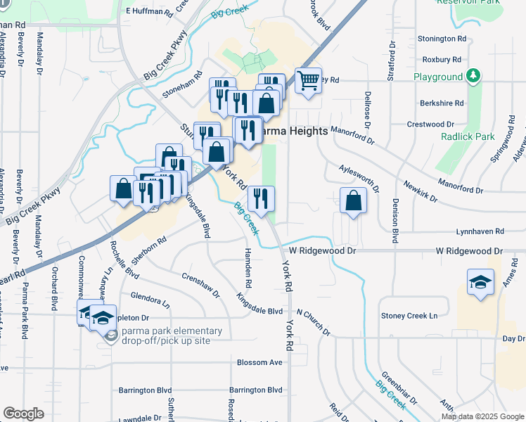 map of restaurants, bars, coffee shops, grocery stores, and more near 6452 York Road in Parma Heights