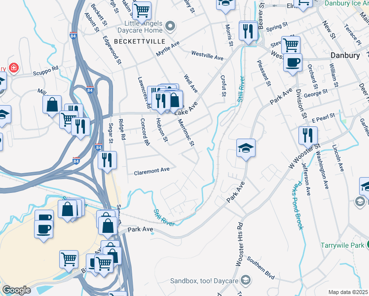 map of restaurants, bars, coffee shops, grocery stores, and more near 7 Belmont Street in Danbury