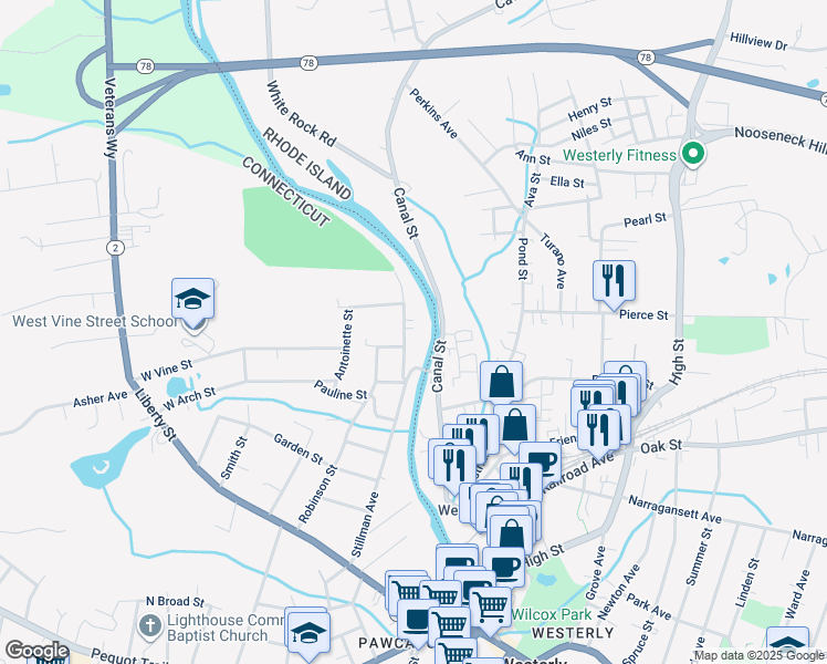 map of restaurants, bars, coffee shops, grocery stores, and more near 95 Stillman Avenue in Stonington