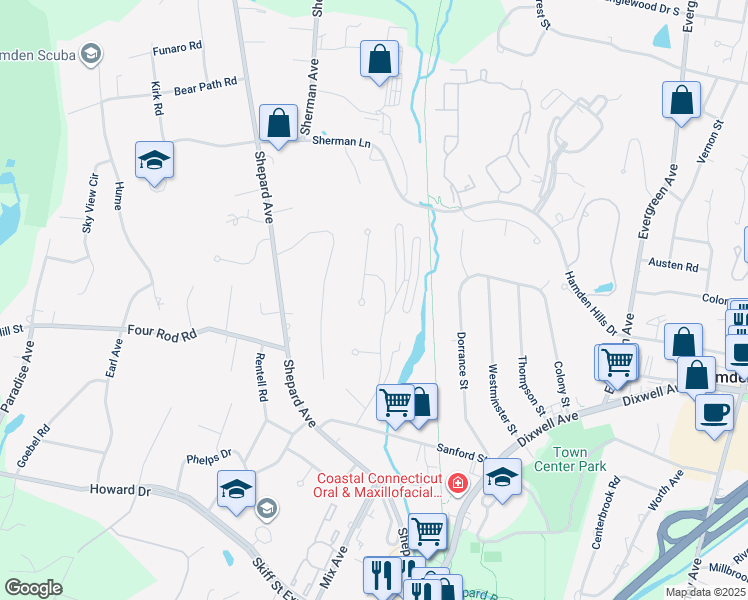 map of restaurants, bars, coffee shops, grocery stores, and more near 28 Stowe Court in Hamden