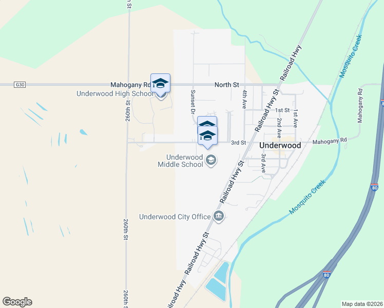 map of restaurants, bars, coffee shops, grocery stores, and more near 611 3rd Street in Underwood