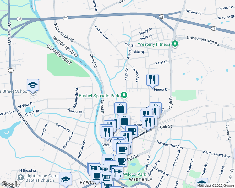 map of restaurants, bars, coffee shops, grocery stores, and more near 6 Lilac Drive in Westerly